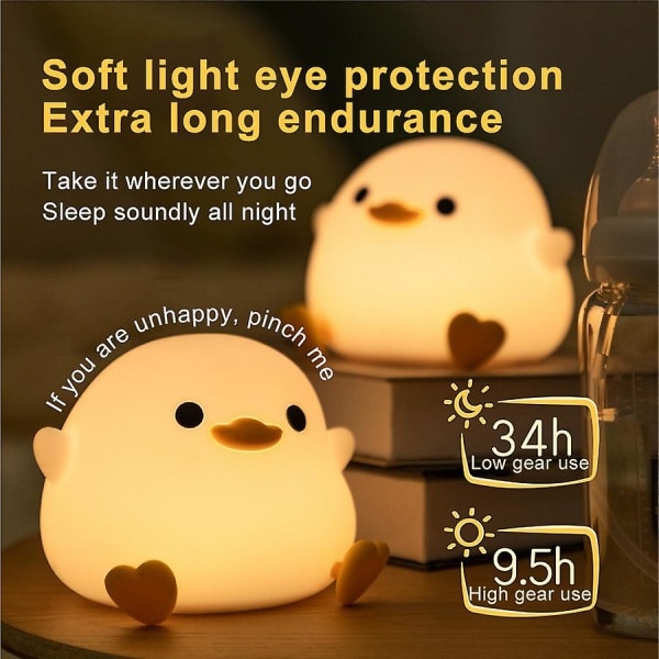 Cute Bean Duck Led Night Light, Genopladelig tegneserie Silikone Soveværelseslampe, Touch Sensor Timing Sengelampe til Børn Nuværende Gul