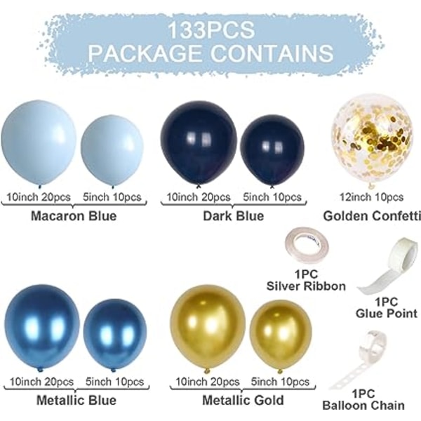 Marinblå ballongbue - 133 blå og gull bursdagsbue med gullkonfetti, blå og gull ballonggirlandsett for gutt jente bursdag dåp CDQ