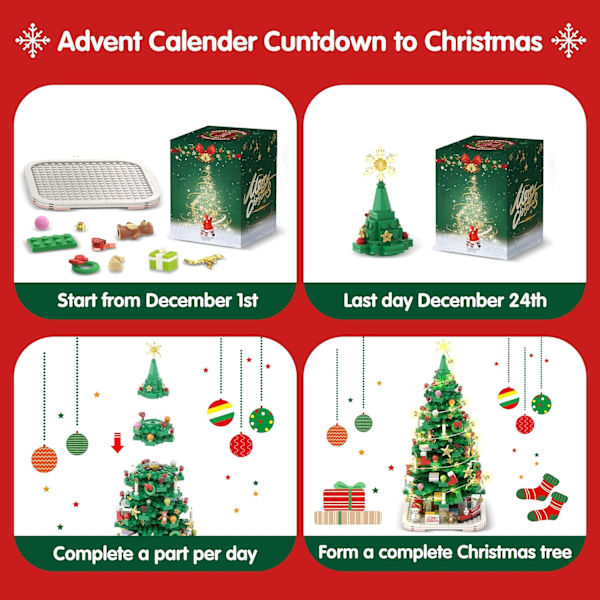 Adventskalender 2024 Juletre Byggesett Leke, 1066 Brikker Jule Nedtelling Kalender, 24 Dager Byggesten