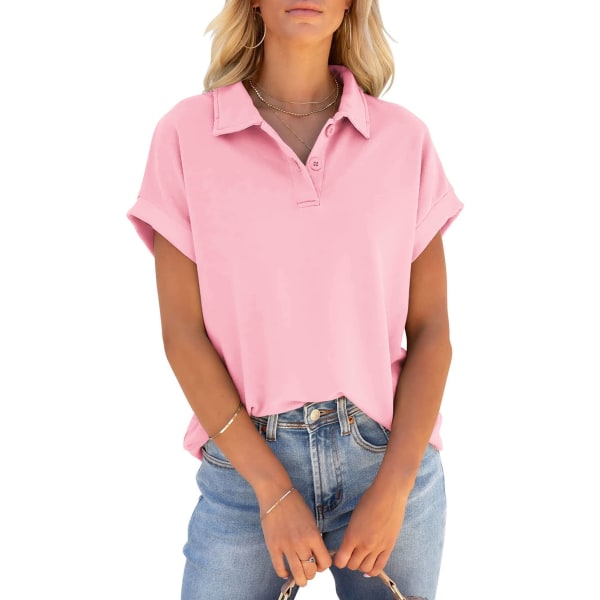 Kortermede poloskjorter for kvinner Sommerhalsbånd Topp med knapper og uformell V-hals T-skjorte med løs passform（L Rosa）