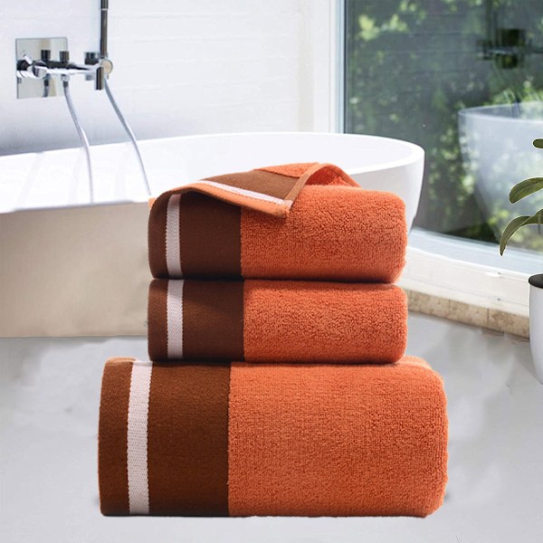 Håndklædesæt med 3 badehåndklæder i bomuld, bløde og absorberende badelagner, spatvaskehåndklæder 34*74cm, badelagner 70*140cm orange