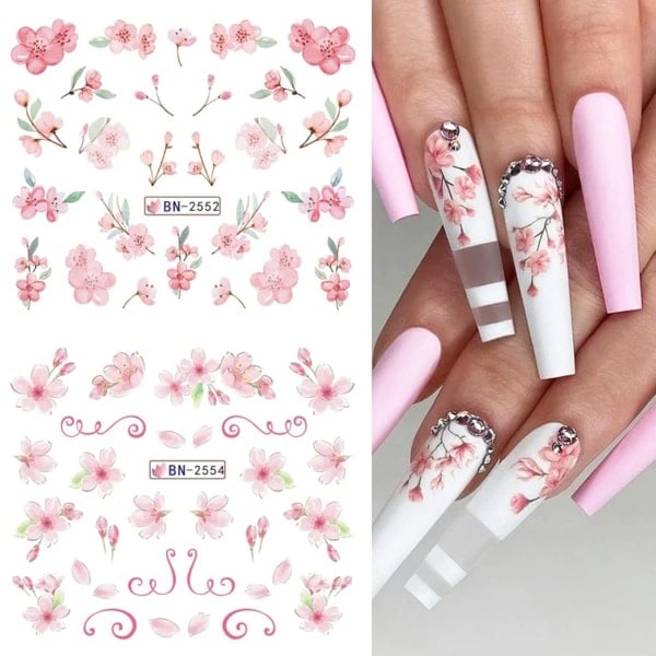 IC 12 st Rosa blomma Nail Art Stickers Dekaler Söta Cherry Blossom Nageltillbehör Akvarell Blommor Vatten Transfer Dekaler Tillbehör