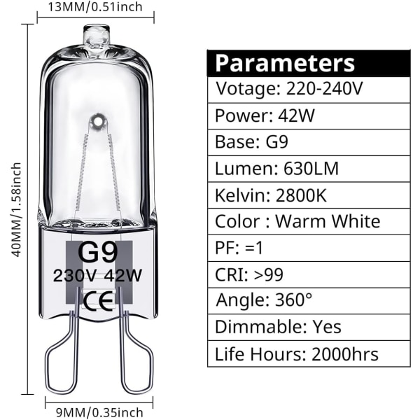 G9 halogenlamper 42W, 230V, 10-pakning 42W