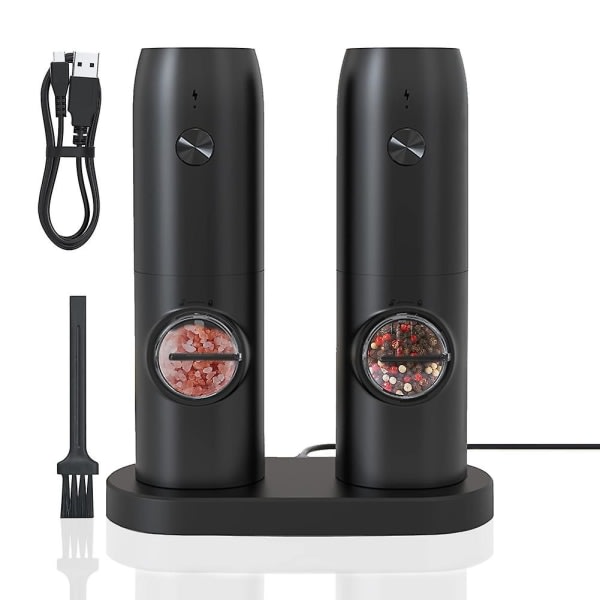 Elektrisk salt- och set med USB uppladdningsbar, justerbar grovhet elektronisk peppar Black
