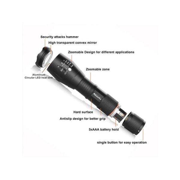 LED UV 365nm ficklampa 10W T6 LED + Zoom Svart