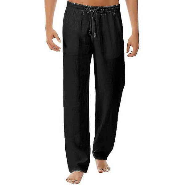 Herre linned look Baggy bukser Elastisk talje Casual Beach Yoga Bukser Sort XL