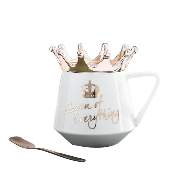 Drottning av allt-mugg med kronlock och sked Keramisk kaffekopp Present till--vit
