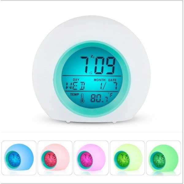 (Blå) Digital väckarklocka for barn Kreativ rund evighetsskalenderlampa Väckarklocka med 7 LED-farger Sängväckarklocka for barn Baby