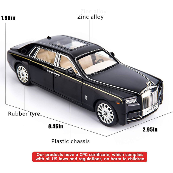 1/24 Rolls-Royce Phantom Modelbil, zinklegering Tilbage Træk Legetøjsbil Med Lyd Og Lys Til Børn Dreng Pige Gave (sort)