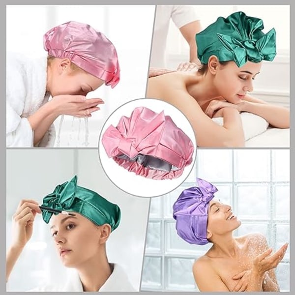 Dusjhetter for kvinner, trelags vanntett hette foret med silkeslen satin, universell gjenbrukbar badehette for dusj, hårbeskyttelse i nylon