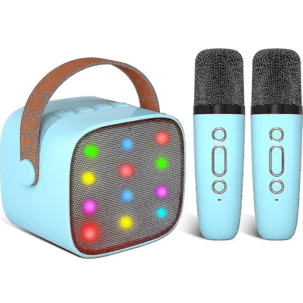 Karaokemaskine til barn med 2 trådløse mikrofoner, bærebar karaokemaskine med Bluetooth til barn, voksne, röstforandrande effekter og led-lys