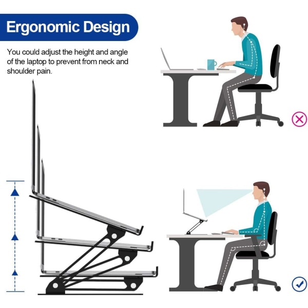 Bærbar datamaskinstativ, ergonomisk bærebar datamaskinstativ i aluminium, 10-14" (svart metall)