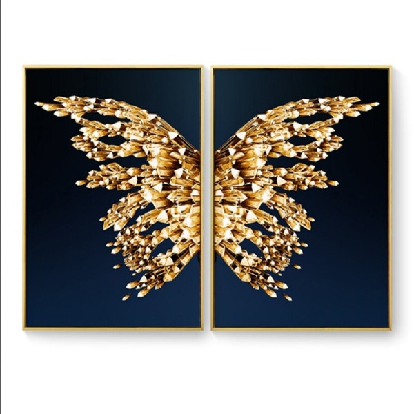 Par vinger-tema, kunsttryk på lærred - vægmaleri / nordisk kunst - gylden sommerfugl på blå baggrund (uindrammet 20*30 cm)