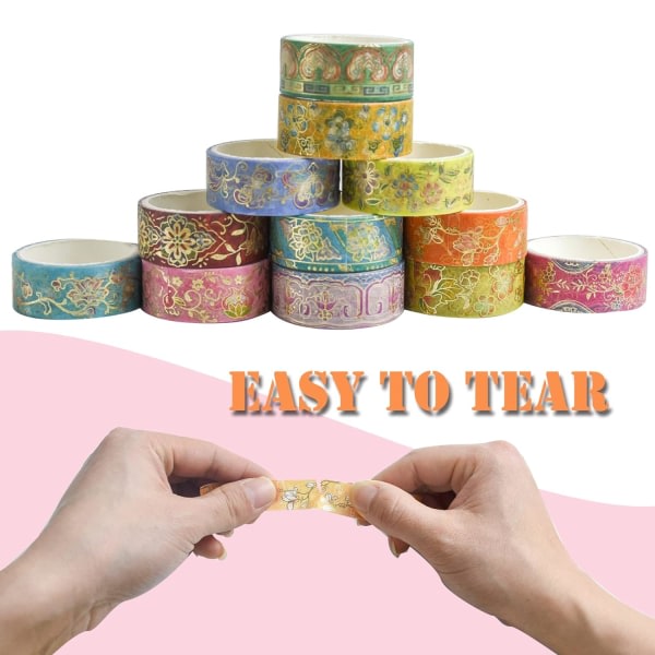 12 rullar Washi Tape Set, Vintage Washi Tape Dekorativ maskeringstejp Pastell Scrapbook Tape Estetisk guldfolie Washi Tape Stickers för DIY