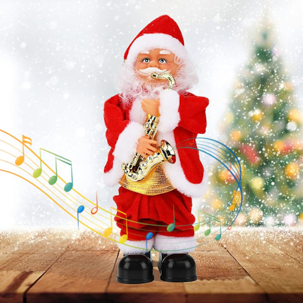 Dansande och sjungande tomtefigur, elektrisk juldekoration med tomte som spelar saxofon