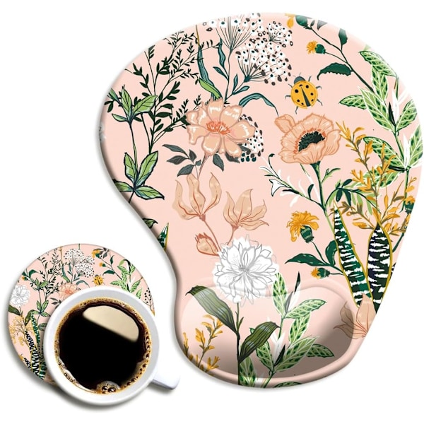 Ergonomisk Musmatta med handledsstöd, Musmattor med halkfri PU-bas för hemmakontor, arbete, studier, enkel skrivning & smärtlindring Ros Floral Pink