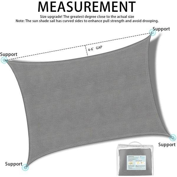 2x3m Grå Rektangulær Skygge Sejl, Vandtæt UV Beskyttelse Baldakin til Have Terrasse Udendørs Patio Swimmingpool med Gratis Reb