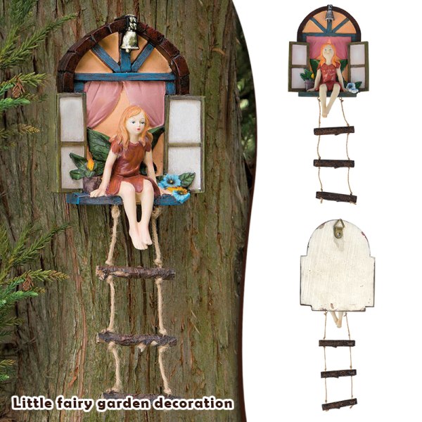 Trädgård Fairy Staty prydnad med stege dekor harts tecknad hängande dekoration för utomhus elf sitter på fönstret