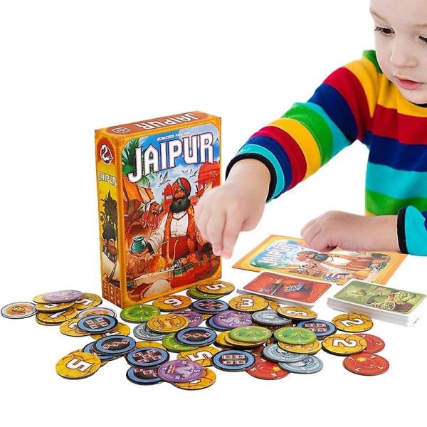 Jaipur familjestrategispel Jaipur handelsspel för två spelare Affärsman som spelar kort Familjevänligt partyspel för barn