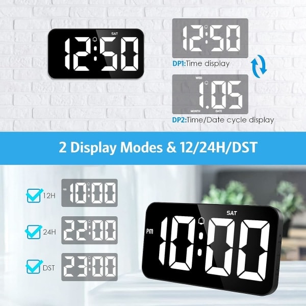 Digital veggklokke Stor skjerm, 11' stor digital klokke med automatisk nedblending, 12/24H, stille veggklokke for stueinnredning