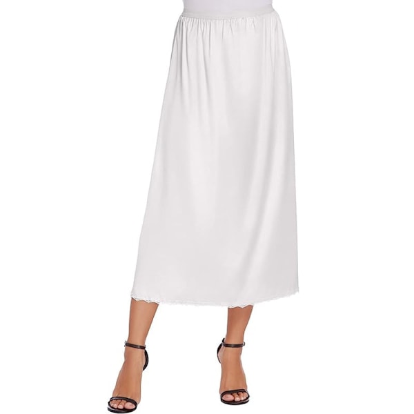 Dam Satin Halvslip med Spets, Lång Underkjol vit white XXL