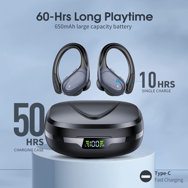 Bluetooth 5.3 sportshodetelefoner, in-ear hodetelefoner trådløse med ørekroker