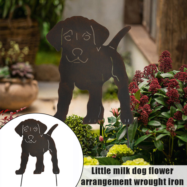 2D Hund Figur Ground Insert Dekor for utendørs ihåliga naturtrogna djur metall staty Stick for Garden Mansion 30*47CM