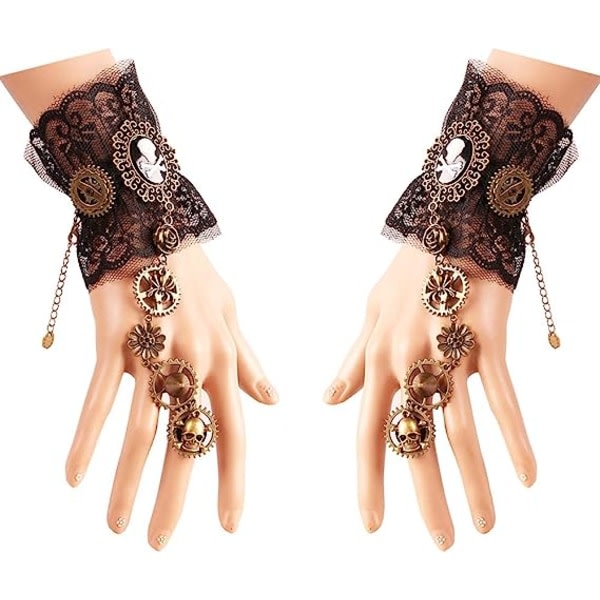Bronzing Fingerless Gloves Gothic Floral Lace Steampunk Armband Ring Vintage pärlhandskar