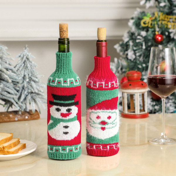4 juldekorationer stickat garn vinflaska påsar jul