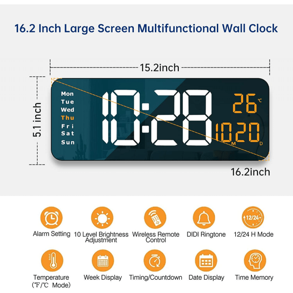 Digital väggklocka, 16" stor digital väggklocka med LED