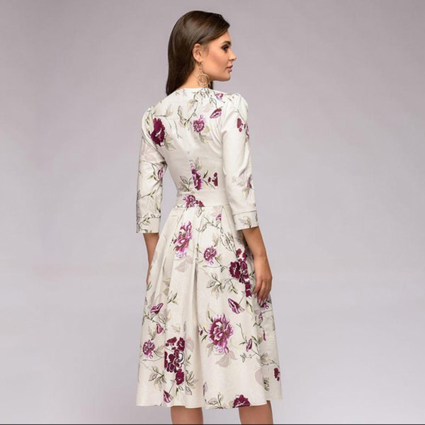 Enkel stil kvinnors blommiga vintage Elegant midi aftonklänning 3/4 ärmar