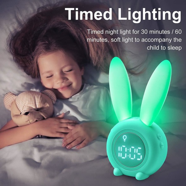 Sød kanin Vågn op børnevækkeur Kreativ sengelampe Snooze funktion Tidsindstillet natlys Fødselsdagsgave til børn, piger (grøn)