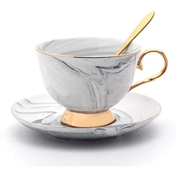 Marmor keramisk kopp och set Camellia Mönster Ben Kina kaffemugg Tekopp Guld Kant med kaffekopp, fat och sked, 200ml