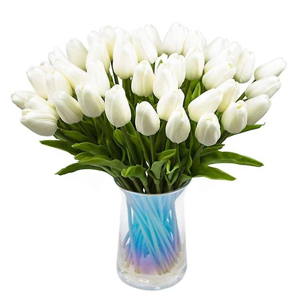 30st konstgjorda tulpaner Blommor Real Touch Tulpaner Holland Pu Bukett Latex Blomma Vit (vit)