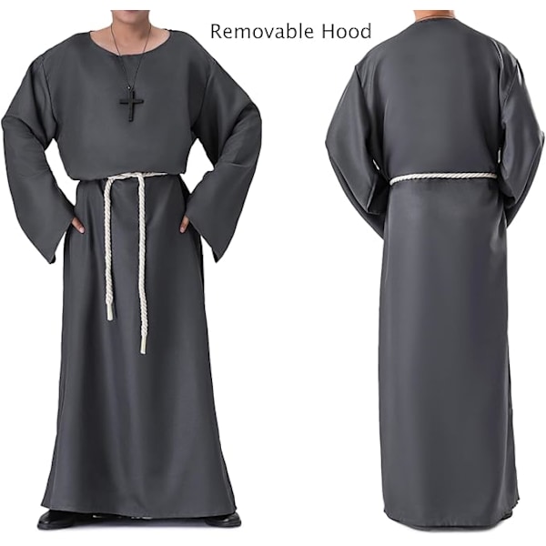 Munk kostume, middelalderligt klostermunk med hætte, renæssance præst, kappe, kostume, Halloween og kostume grey L
