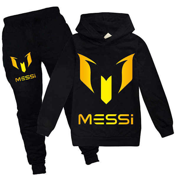 Barn Messi Vår-Höst Träningsset Hoodie Tröja T-shirt + Sportbyxor Svart Svart Svart Black 160cm