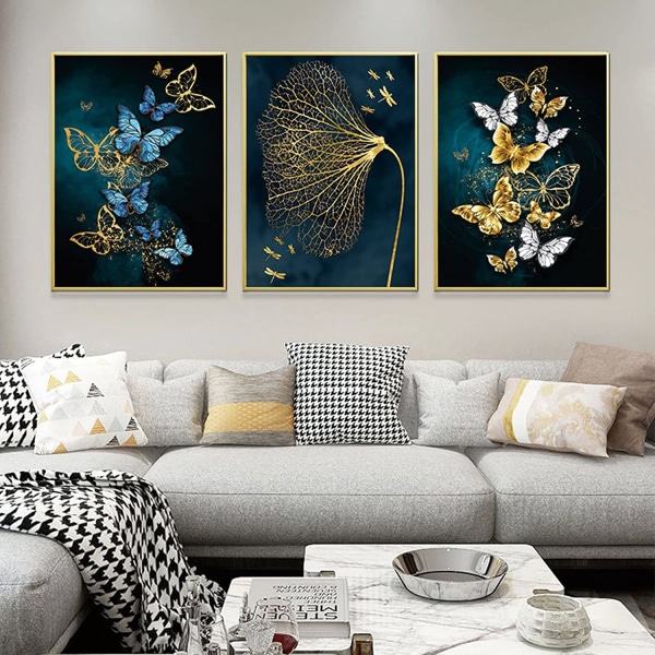 Sett med 3 kunstplakater med gyldne sommerfuglblader uten ramme