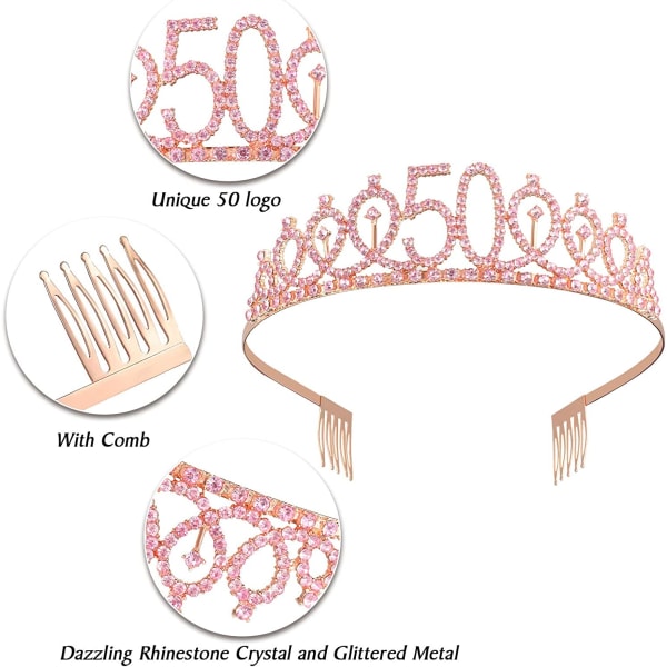 50:e födelsedag skärp och tiara Set för 50 år, 50 & fantastiska skärp och krona festdekorationer (rosa guld, rosa)