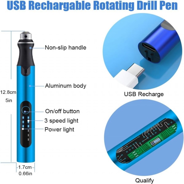 3-växlad sladdlös minidrillpenna med 8 små borrar, laddningsbar elektrisk handborrpenna, set för smyckestillverkning, harts, plast, trä Pink