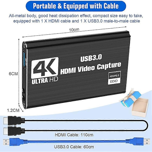 Video Capture Card, Switch Capture Card til Switch, 4K 1080P 60FPS til Streaming Videooptagelse fo (FMY) Black
