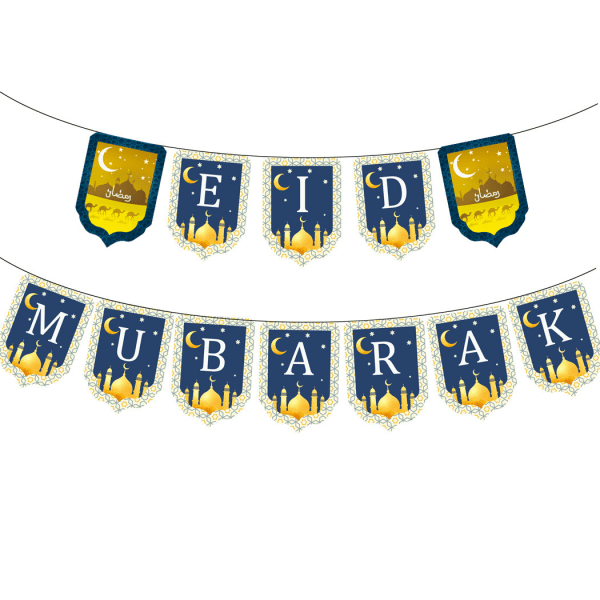 Eid Mubarak -banneri, kuu- ja tähtiköynnös Eid-festivaalin juhlakoristeluun