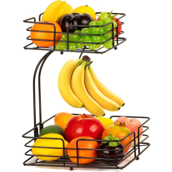 2-kerroksinen hedelmäkori, vihanneskulhojen säilytys banaaniripustimella, hedelmätelineen organizer keittiöön, musta