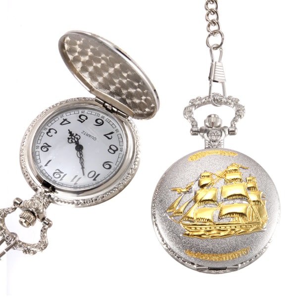 Vintage lommeur Quartz Watch Cool Chain Golden Sailboat Cover klokker Sølv