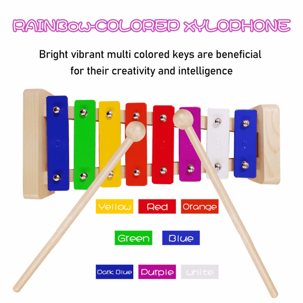 Xylofon for barn, 8-toners diatonisk skala med 2 sikkerhetsklubber, fargerike metallpinner, pedagogisk utviklingsmusikk, ferie-/bursdagsgave