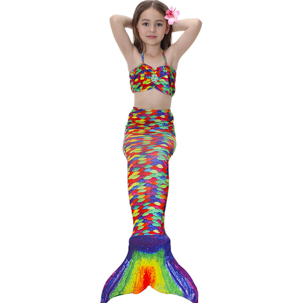 Barn Pige Mermaid Hale Sæt Sommer Badedragt Badetøj Regnbue rainbow 130cm