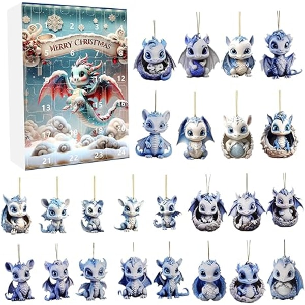 Christmas Advent Calendar 2024, 24 Days Christmas Countdown Calendar with 2D Blue Dinosaur Pendant, Acrylic Hanging Toy Advent Calendar