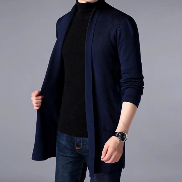 Langærmet ensfarvet cardigan til mænd med åben front overtøj frakker Mørkeblå L