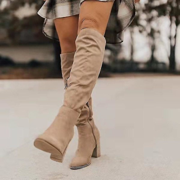 Naisten talviset mokkanahkaiset saappaat polven yli Paksukorkoiset pitkät saappaat, helppo pukea jalkaan Muodikas beige 36