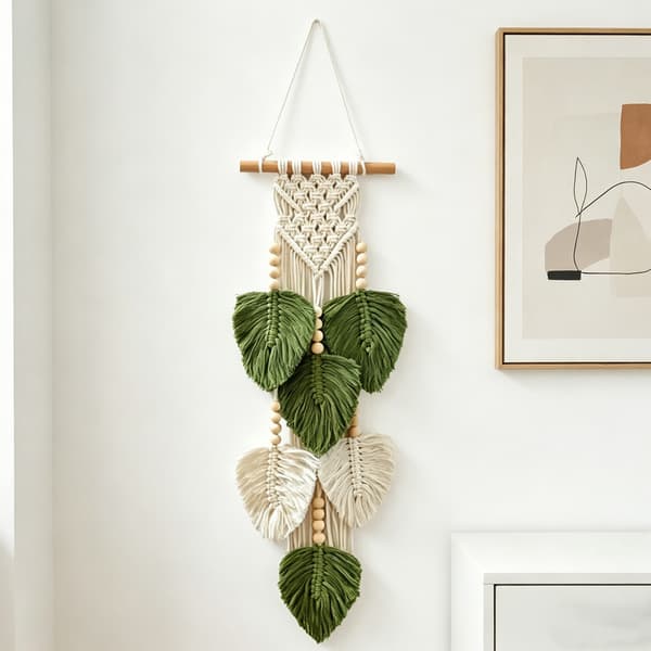 Boho Makramé Veggdekorasjon, Blad- og Treperledekor, Grønn og Hvit, 20 x 63 cm