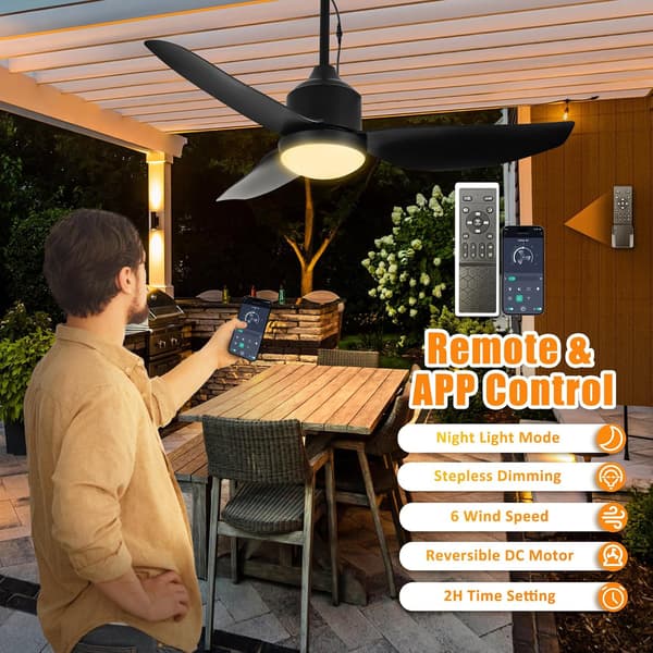 Ceiling fan with LED lighting 106/132 cm, remote control, dimmable, for patio and terrace, modern design Black 132cm
